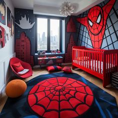 a bedroom with a spiderman theme and red furniture in the room, along with a baby crib