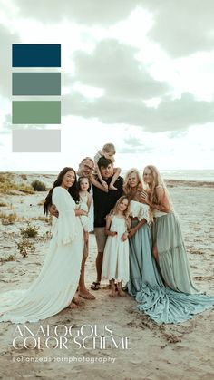 a group of people standing on top of a sandy beach next to the ocean in color swatches