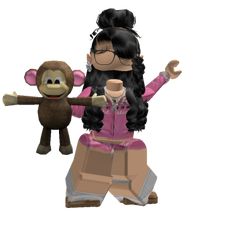 a girl and a monkey are standing next to each other in front of a white background