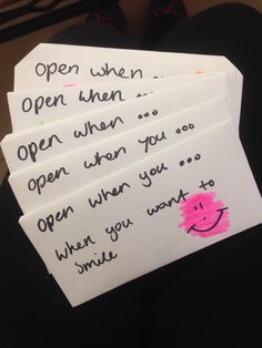 four pieces of paper that have been written on them, with the words open then open when you go