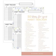 the printable habit tracker is shown in three different colors and sizes, with text on each