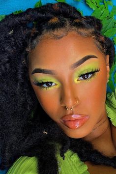 Makeup For Neon Green Outfit, Bright Color Makeup, Green And Orange Makeup, Green And Yellow Makeup, Orange Green Makeup Looks, Green Yellow Makeup, Neon Glow Makeup, Bright Under Eye Makeup, Bright Green Makeup