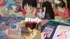 several images of people sitting at desks and using calculators, with the words study written on them