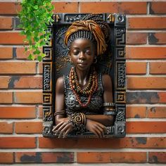 an african woman with beads and necklaces is hanging on a brick wall next to a potted plant