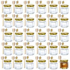 many jars with gold lids and wooden spoons are arranged in the shape of honeycombs