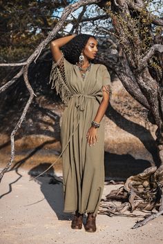 Khaki Bohemian Dress For Spring, Khaki Bohemian Summer Dress, Khaki V-neck Vacation Dress, Short Sleeve Maxi Dress For Festivals, Bohemian Short Sleeve Midi Dress For Wedding, Fitted Khaki Maxi Dress, Khaki Maxi Length Summer Dress, Flowy Floor-length Festival Dresses, Sage Green Maxi Dress