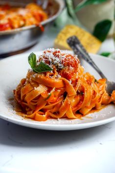 a white plate topped with pasta covered in sauce and parmesan cheese