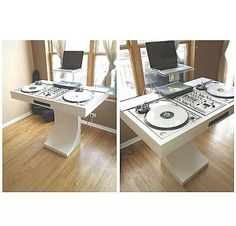 two views of a dj's desk with turntables and laptop on it