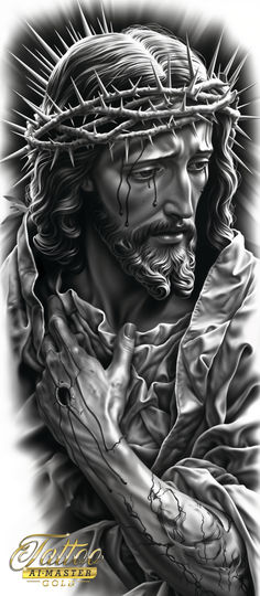 the face of jesus with his arms crossed and hands wrapped around him, in black and white