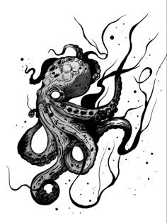 an ink drawing of an octopus in black and white, with bubbles coming out of its tentacles