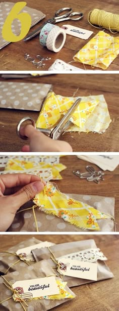 four pictures showing how to sew and cut fabric with scissors, thread, and sewing needles