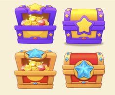 four different types of toy chests with stars and jewels in them on a beige background