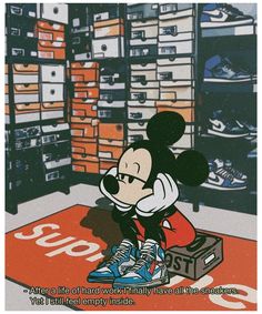 a cartoon mickey mouse sitting on top of a red rug in a store with shelves full of shoes