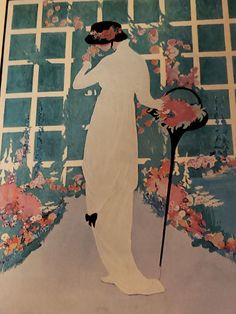 an image of a woman holding a cane in front of a flowered window frame