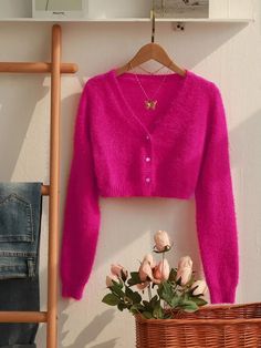 Fuzzy Knit Button-Front Cropped Cardigan | SHEIN EUR Pink Cardigan Outfit, Cardigan Outfit Aesthetic, Hot Pink Cardigan, Blue Halter Dress, Pink Cardigan Sweater, Fuzzy Cardigan, Cardigan Outfits, Pink Cardigan, Cropped Cardigan