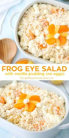 two images show how to make frog eye salad with vanilla pudding