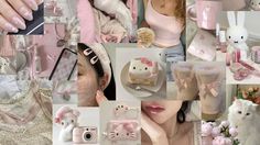 a collage of pink and white pictures with various items in them, including bunny ears