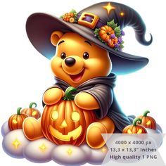 a teddy bear wearing a witches hat and holding a pumpkin