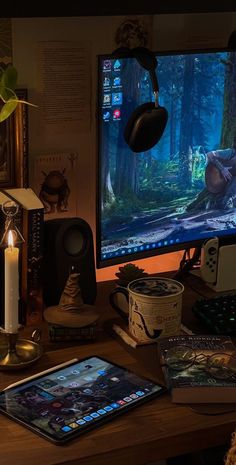 a computer monitor sitting on top of a wooden desk