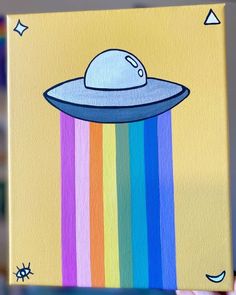 a painting of an alien floating on top of a rainbow