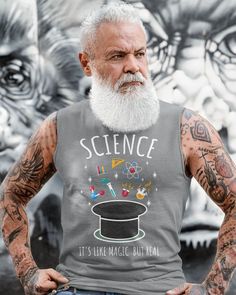 an old man with tattoos wearing a science t - shirt