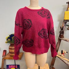 Approx Measurements Lying Flat (size tagged large) Pit to pit: 24" Length (shoulder to bottom hem): 22" Sleeve length (shoulder to cuff): 19" Sleeve opening (at shoulder): 10" Condition: stain on chest No brand on tag Size tagged large 25% wool 45% polyacrylic 30% nylon Magenta Roses, Magenta Rose, Rose Sweater, Autumn Casual, Pink Abstract, Sweater Vintage, Rose Pattern, Black Rose, Abstract Floral