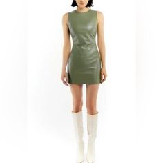 Brand New With Tags. This Gorgeous Olive Dress Is Perfect For Any Occasion. Self: 55% Cotton, 45% Polyurethane Lining: 100% Polyester Imported Hand Wash Double Lined Hidden Back Zipper Closure Smooth Faux Leather Fabric Green Sleeveless Mini Dress For Fall, Olive Dress, Faux Leather Fabric, Leather Fabric, The Label, Faux Leather, Mini Dress, Womens Dresses, Brand New