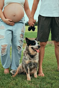 a pregnant woman standing next to a dog on top of a grass covered field with her husband