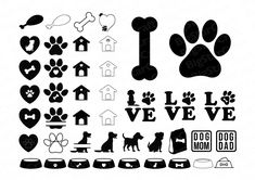 the silhouettes of dogs and their paw prints are shown in black on a white background