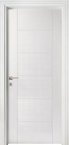 an open white door with a handle on the front and side panels, in a room