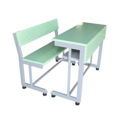 a green and white desk with two benches