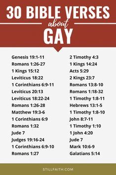 the 30 bible verses about gay with red and gold border around it, on a white background