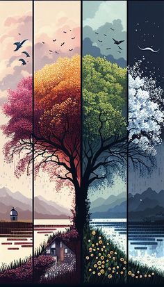 four panels with trees and birds in the sky