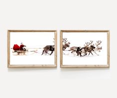 two framed photographs of santa claus and his reindeer sleigh