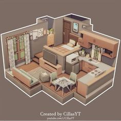 an image of a living room and kitchen in a house or apartment with the floor plan drawn out