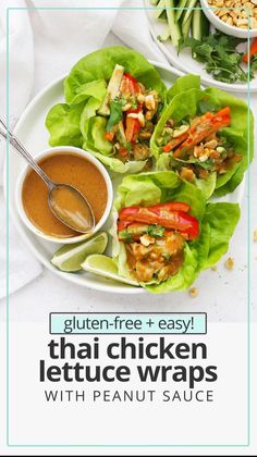 thai lettuce wraps with peanut sauce on a white plate next to other dishes