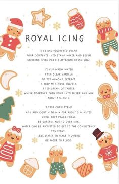 the royal icing recipe for christmas cookies and gingerbreads is shown in this image