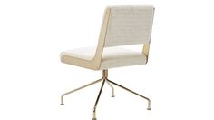 an upholstered office chair with metal legs and a white fabric seat cover on the back