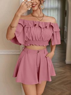 Rosa Casual Collar manga media  Liso  Embellished No-Elástico Primavera/Verano/Otoño Batwing Sleeve Shirt, Butterfly Sleeve Top, Batwing Sleeve Top, Slim Fit Crop Top, Striped Shirt Women, Shorts Outfits, Cropped Tops, Crop Top And Shorts, Casual Stripes