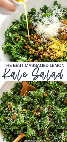 kale salad with parmesan cheese being drizzled on top and topped with lemon zest