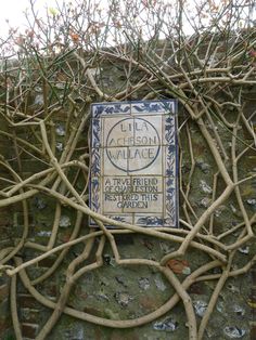 a sign on the side of a stone wall with vines growing over it and branches around it