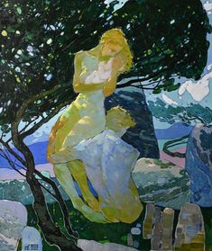 a painting of a woman sitting under a tree