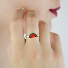 Tiny Watermelon Ring, Dainty Fruits Watermelon Ring, Minimalist Silver Ring, Multicolor Small Delicate Ring, Art Deco Ring, Gift For Her Handmade multicolor fruit earrings. ✨Weight: 1,3gr  ✨Dimensions: 11x6mm The handmade creations that you buy from Noah Concept are delivered in ♻️ eco friendly boxes with the brand name on the top. If you want to wrapped as gift please let us know. We create our pottery with much love and care. Don't forget that happiness is a handmade job. Last but not least, w Summer Stackable Jewelry As Gift, Stackable Jewelry As Summer Gift, Handmade Adjustable Summer Rings, Green Rings For Summer Gifts, Summer Toe Ring Jewelry Gift, Summer Toe Ring Jewelry As A Gift, Green Rings As Summer Gift, Green Rings Suitable For Summer Gifts, Minimalist Open Ring Jewelry For Summer