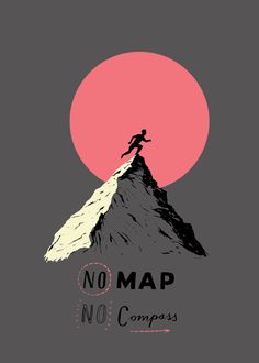 a man standing on top of a mountain with the sun behind him and no map