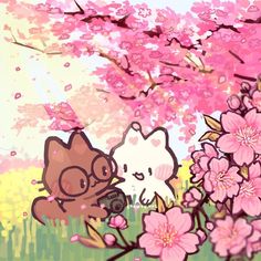 an image of a cat and dog in front of cherry blossom trees with pink flowers