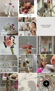 a collage of photos with flowers and letters