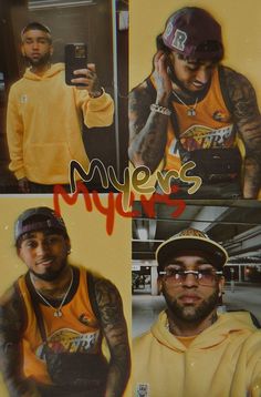 three pictures of two men one with tattoos and the other wearing a yellow hoodie