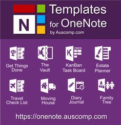 the microsoft office templates for one note is shown in purple and white, with different icons