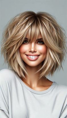 The playful medium-length hairstyle with shoulder-length layers and piecey bangs is perfect for those who want a lively, voluminous look. This cut features choppy layers that cascade around the face, adding movement and texture. The soft, eye-grazing fringe frames the face beautifully, making it a great option for blonde medium length layered hair. This hairstyle is ideal for medium length haircuts blonde and can be styled easily for a chic, everyday look.   #ShoulderLengthHair #PieceyBangs Volume Layer Haircut Medium Length, Shoulder Length With Bangs Hairstyles, Piecey Bangs, Dimensional Hair, Shag Hair, Rocker Hair, Haircuts Blonde, Taper Fade Haircut