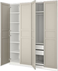 an open closet with two doors and shelves on both sides, in front of a white background